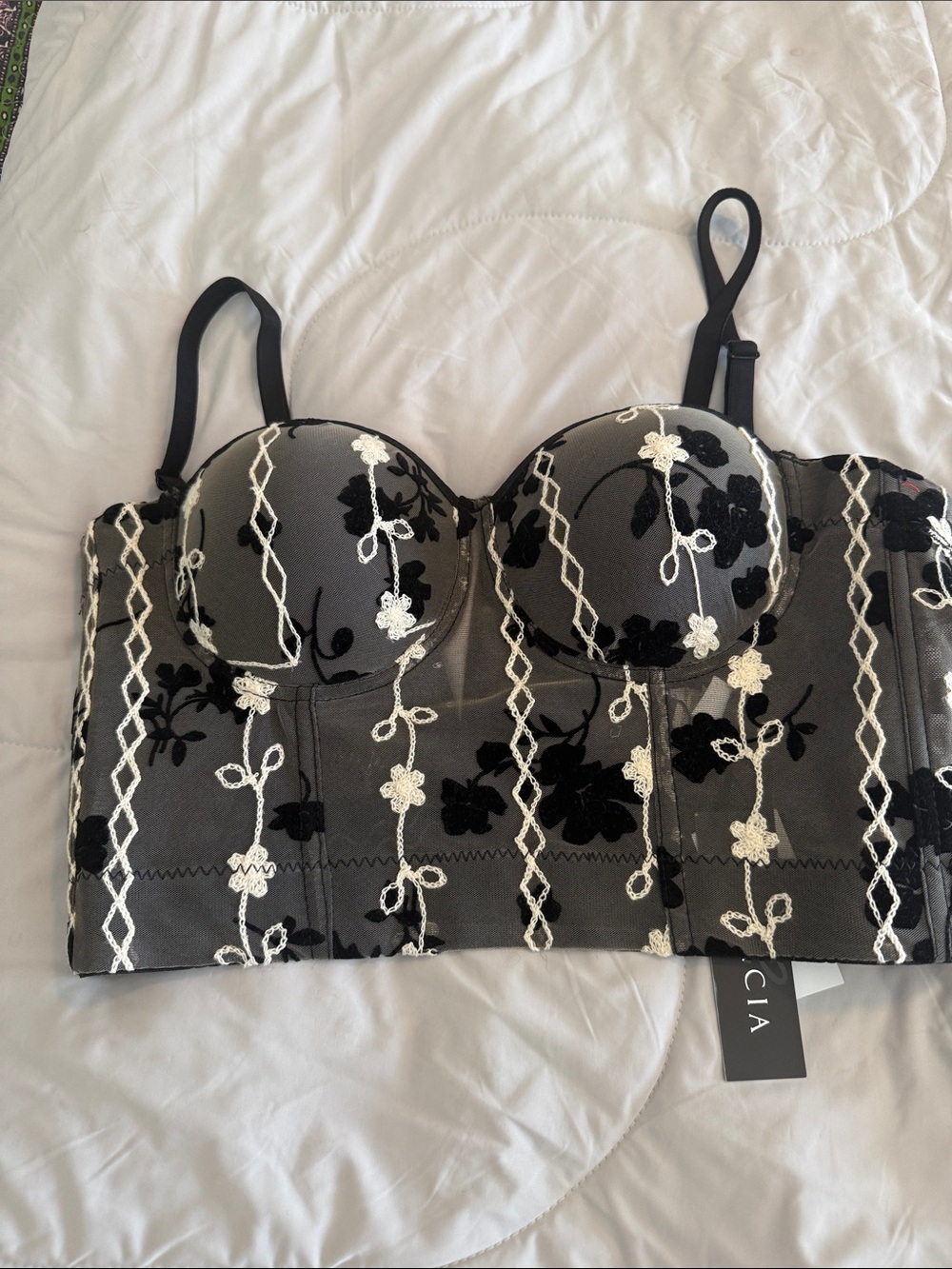 Gracia Black and White Embroidered Longline Bustier